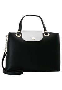 Sac à main en cuir noir au design structuré, avec un rabat gris, des accessoires en métal doré, deux poignées et une bandoulière amovible.