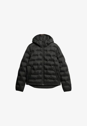 Sorte puffjakke med hætte, med en quiltet design, front lynlås lukning og elastiske manchetter. Glat tekstur og firkantet form.