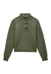 Pull en tricot vert à manches longues, col côtelé et trois boutons noirs sur le devant.