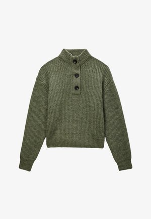 Pull en tricot vert à manches longues, col côtelé et trois boutons noirs sur le devant.