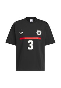 Black cotton t-shirt featuring a red horizontal stripe, white number "3," and logo accents on the left chest and shoulder.