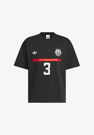 Black cotton t-shirt featuring a red horizontal stripe, white number "3," and logo accents on the left chest and shoulder.