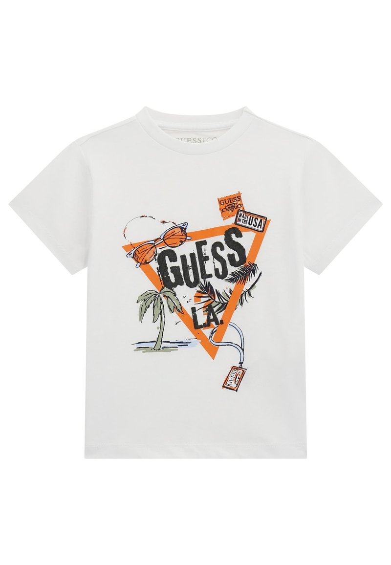 Witte katoenen t-shirt met een kleurrijk grafisch ontwerp met een driehoekig motief, palmbomen, zonnebrillen en de tekst "GUESS LA."