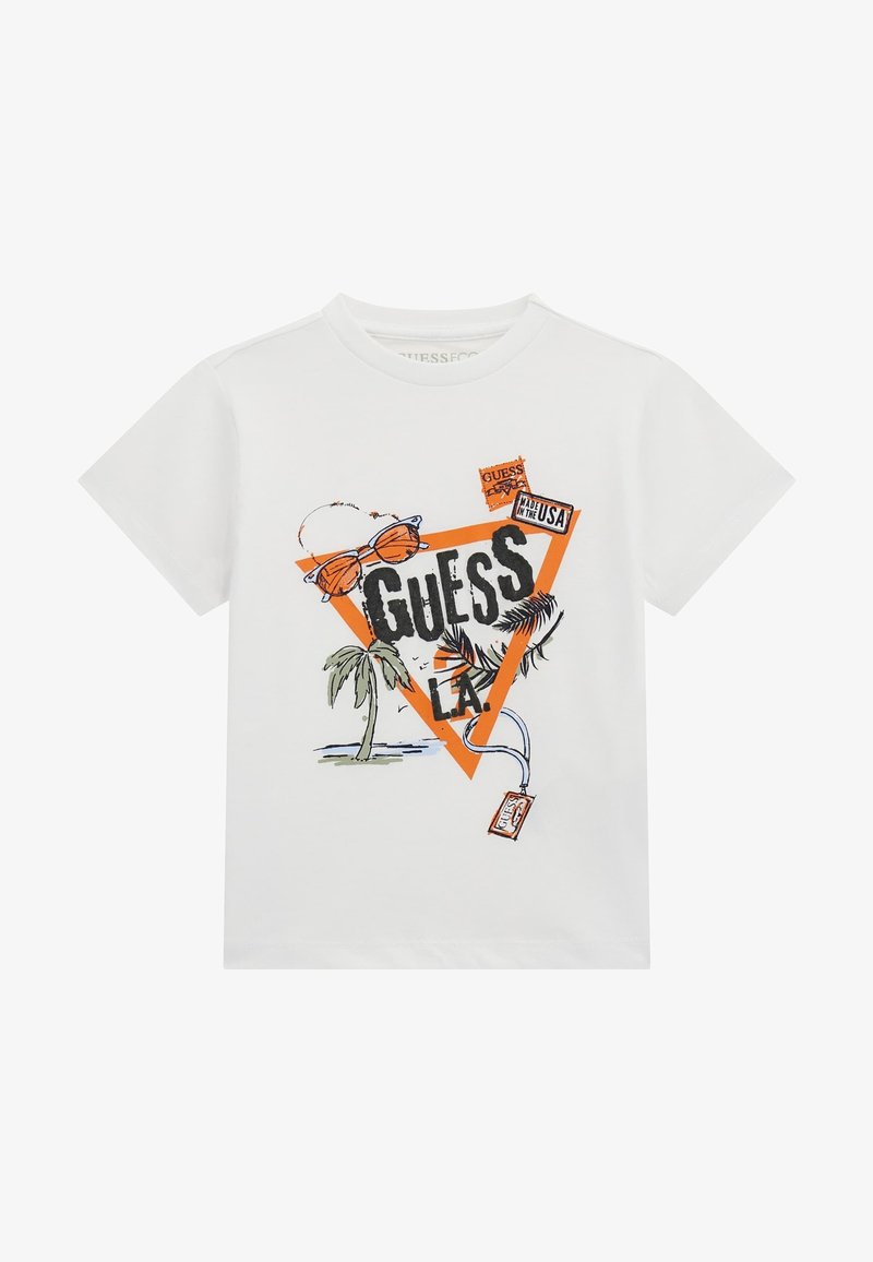 White cotton t-shirt featuring a colorful graphic design with a triangular motif, palm trees, sunglasses, and the text "GUESS LA."