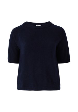 Marineblauw trui met korte mouwen en ronde hals, gemaakt van zacht breimateriaal, met een relaxte pasvorm en een subtiele labeldetail aan de onderkant.