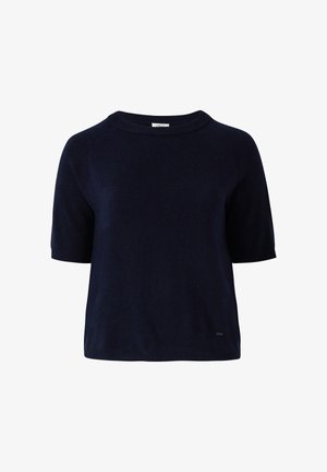 Marineblauw trui met korte mouwen en ronde hals, gemaakt van zacht breimateriaal, met een relaxte pasvorm en een subtiele labeldetail aan de onderkant.