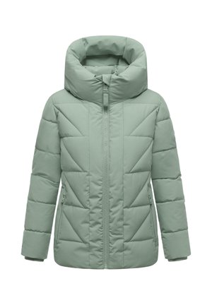 Lys grøn polstret jakke med høj krave, frontlynlås og sidelommer. Har et geometrisk quiltet design. Blød, glat tekstur.