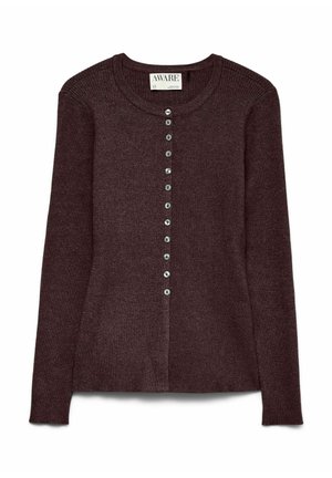 Burgundowy kardigan prążkowany z długimi rękawami, okrągłym dekoltem i zapięciem na guziki z przodu, z siedmioma dopasowanymi guzikami.