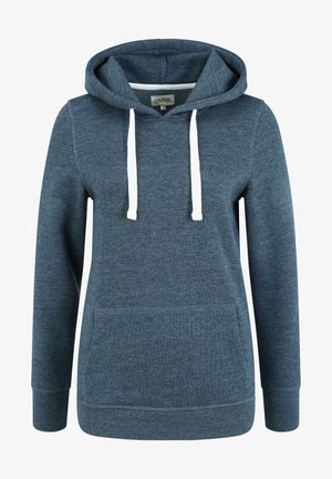 Hettegenser i mørkeblå, laget av strikket stoff. Har hvite snorer, frontlomme og ribbede mansjetter. Myk tekstur.