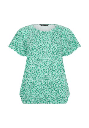 Blusa verde a maniche corte con motivo floreale di margherite bianche e scollo rotondo, caratterizzata da un orlo largo leggermente arricciato.