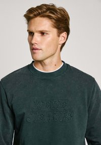Sudadera verde oscura hecha de un tejido suave; cuenta con lettering en relieve "PEPE JEANS" en el pecho; cuello redondo clásico y mangas largas.
