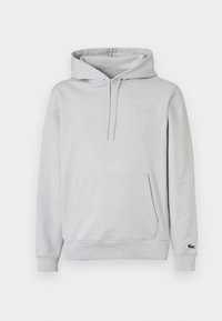 Sweat à capuche gris clair en mélange de coton, avec poche kangourou, capuche à cordon réglable et détail de logo en relief sur la poitrine.