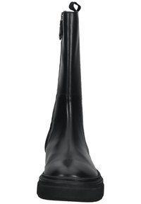 Black leather ankle boot with thick rubber sole, pull tab at top, and side zipper, shown from front view on white background.