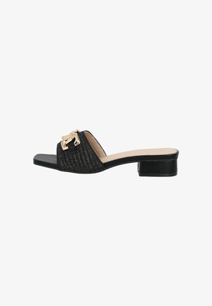 Black woven slide sandal with gold hardware accent, open toe, and low block heel. Textured upper and smooth inner lining.