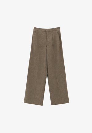 Bruine, wijde broek van textuurstof, met voorplooien, riemlussen en zijzakken, met een getailleerd silhouet.