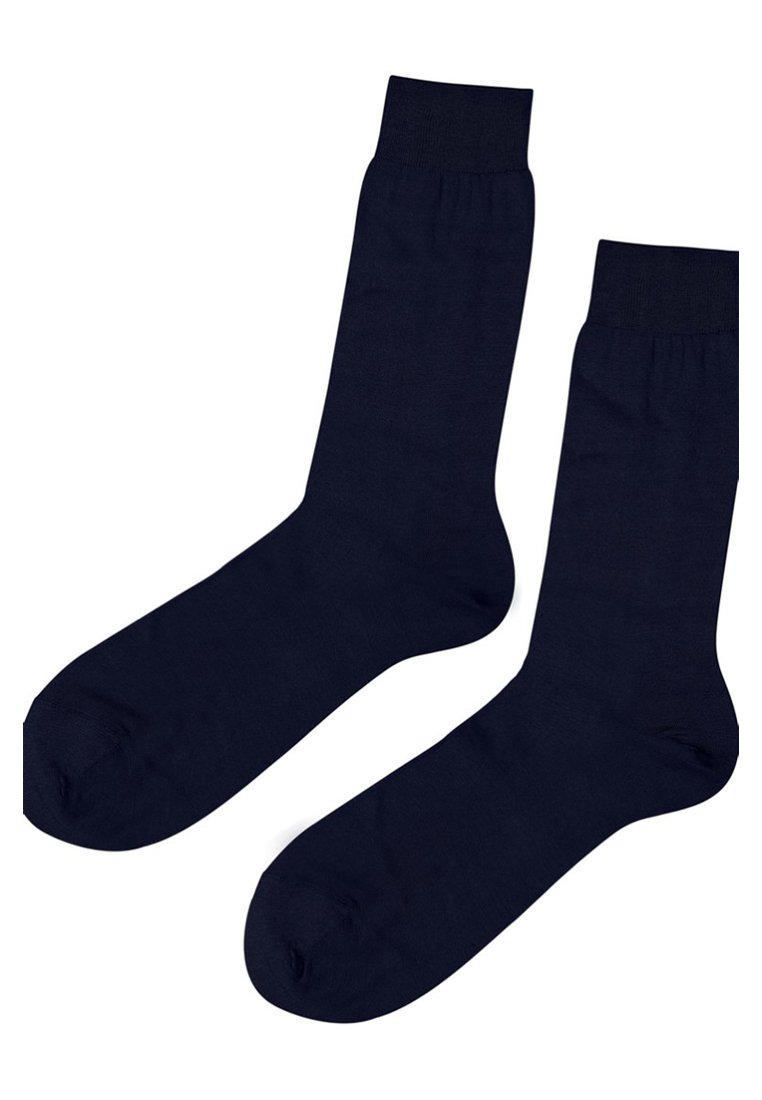 Sokker i marineblå bomuld med en glat tekstur, ribbede manchetter og en klassisk længde. Simpelt design uden mønstre eller detaljer.