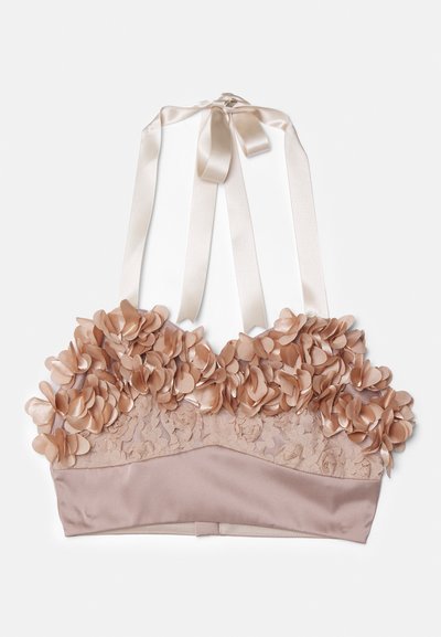Hautfarbener Bralette mit floralen Verzierungen, Spitzenstoff, satinierter Unterlage und verstellbaren Satinbändern.