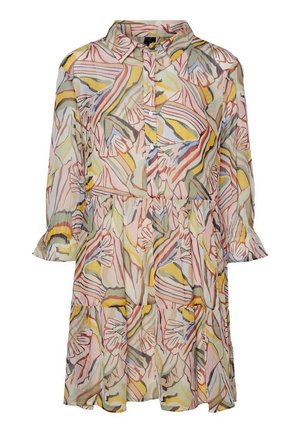 Robe à motif floral avec un col, des manches longues et un ourlet en tiers dans des couleurs pastel de rose, jaune et vert. Tissu léger.