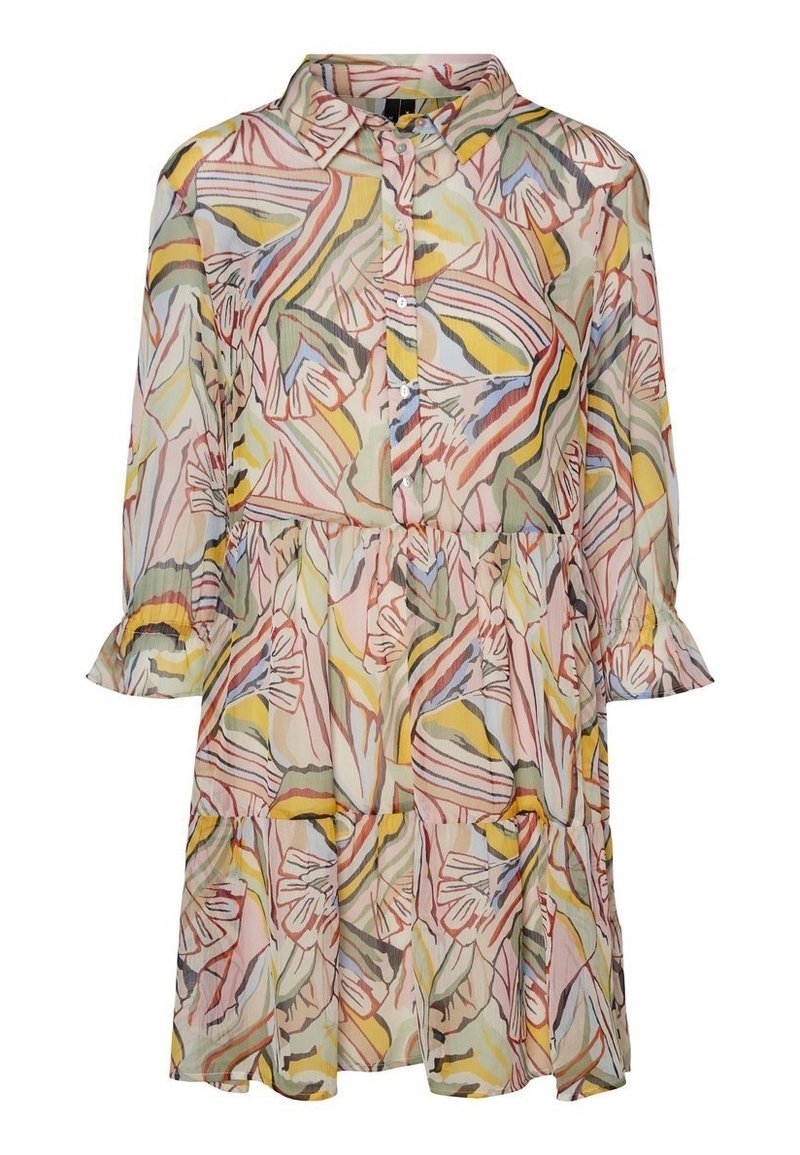 Blumenmusterkleid mit Kragen, langen Ärmeln und gestuftem Saum in sanften Farben von Rosa, Gelb und Grün. Leichter Stoff.