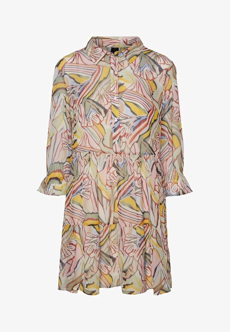 Blumenmusterkleid mit Kragen, langen Ärmeln und gestuftem Saum in sanften Farben von Rosa, Gelb und Grün. Leichter Stoff.