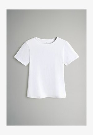 Lyhyet hihat, pyöreä kaula-aukko, tasaisena esillä oleva valkoinen t-paita neutraalilla harmaalla taustalla.