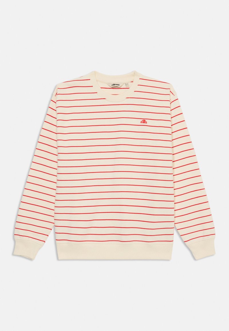 Sweatshirt de gola redonda às riscas em creme com riscas horizontais vermelhas, apresentando um pequeno logotipo no peito e punhos e bainha canelados.