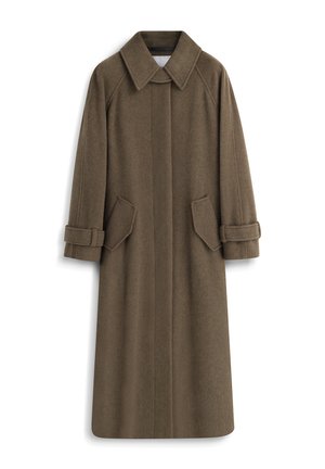 Brązowy wełniany płaszcz z klasycznym kołnierzem, długimi rękawami i mankietami. Posiada boczne kieszenie oraz prostą sylwetkę. Miękka faktura.