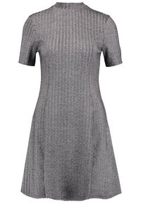 Robe à manches courtes, longueur genou, avec un col montant, en maille texturée noire et blanche.