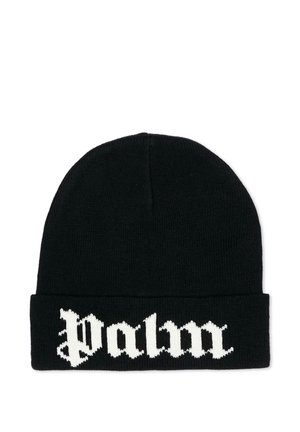 Gorro de punto negro con puño y texto blanco de estilo gótico "palm" tejido en el puño delantero.