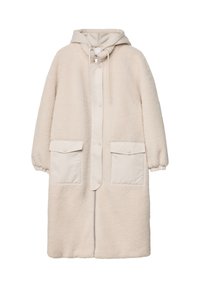 Beige oversized frakke med fleece-textur, hætte og trykknaplukning. Har to frontlommer med klapper og elastiske manchetter.