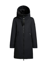 Zwarte winterjas tot de knie met een grote gep padded capuchon, een rits aan de voorkant, twee zijzakken en een merklabel aan de rits.