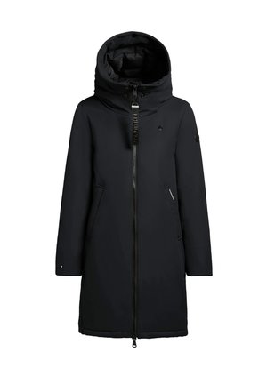 Zwarte winterjas tot de knie met een grote gep padded capuchon, een rits aan de voorkant, twee zijzakken en een merklabel aan de rits.