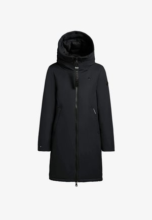 Cappotto invernale nero fino al ginocchio con un ampio cappuccio imbottito, zip frontale, due tasche laterali e zip con etichetta di marca.