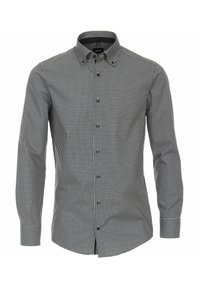 Schwarz-weißer karierten Button-Up-Hemd mit langen Ärmeln, kragen und schwarzen Knöpfen. Aus einem glatten Stoff mit einer figurbetonenden Passform gefertigt.