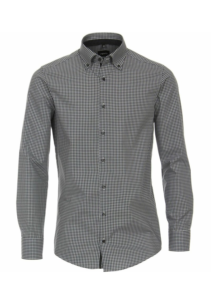 Schwarz-weißer karierten Button-Up-Hemd mit langen Ärmeln, kragen und schwarzen Knöpfen. Aus einem glatten Stoff mit einer figurbetonenden Passform gefertigt.