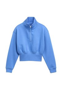 Modrá skrátená mikina s dlhými rukávmi, vysokým golierom a predným zipsom do polovice, vyrobená z mäkkého materiálu.