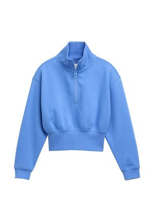 Sweatshirt bleu court avec des manches longues, un col haut et un devant à demi-zip, fabriqué en tissu doux.