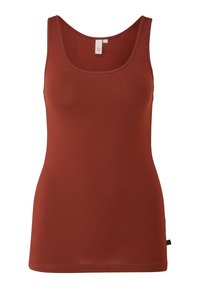 Débardeur sans manches couleur rouille avec encolure ronde, coupe ajustée et petite étiquette de marque en tissu sur la couture latérale.