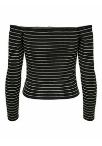 Top nero off-the-shoulder con maniche lunghe, caratterizzato da righe orizzontali bianche, tessuto testurizzato e un design aderente con orlo corto.