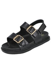 Sandalias de cuero negro con dos correas anchas y hebillas doradas, suela plana y plantilla acolchada para mayor comodidad.