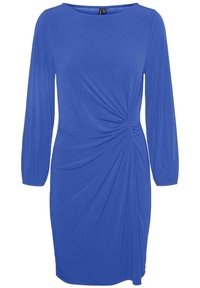 Ljusblå klänning med långa ärmar, som har en vriden knutdetalj vid midjan och en slank, figursydd silhuett. Idealisk för formella tillfällen.