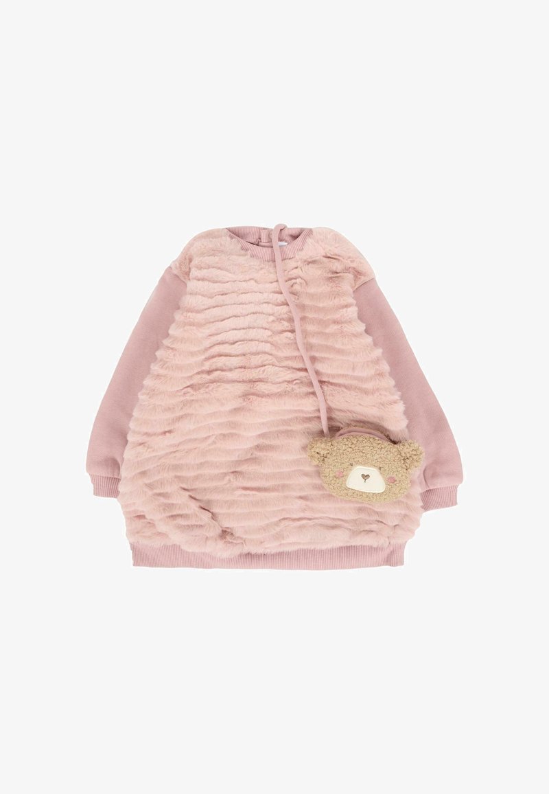 Robe en peluche rose avec une texture froncée, des manches longues et une poche en forme d'ours. Tissu doux, forme arrondie et couleur de manches contrastante.