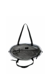 Sac fourre-tout intérieur gris avec poignées noires, équipé d'une fermeture éclair, de compartiments doublés et d'une étiquette à l'intérieur. Design simple et fonctionnel.