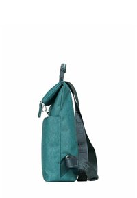Sac en tissu turquoise avec un design structuré, fermeture zippée et bandoulière adjustable. Il présente une bandoulière texturée avec des accents de logo.