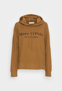 Sudadera marrón de algodón suave, con un bolsillo canguro, capucha con cordón y logo negro impreso "Marc O'Polo EST. EN ESTOCOLMO."