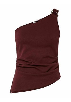 Asymetryczna bordowa bluzka z jednym ramieniem, z marszczonym wykończeniem i srebrnym akcentem przy dekolcie. Gładki materiał.