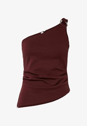 Asymetryczna bordowa bluzka z jednym ramieniem, z marszczonym wykończeniem i srebrnym akcentem przy dekolcie. Gładki materiał.