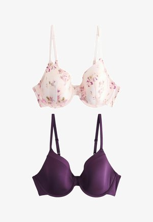 Du liemenėlės: viena balta su rožinės spalvos gėlių raštu, kita tamsiai violetinė be rašto. Turi reguliuojamas petnešėles ir formuojamas liemenėlės kaušelius.