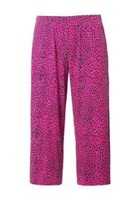 Růžové kalhoty s leopardím potiskem, zkráceného střihu, s elastickým pasem, prezentující hladký povrch a volný střih pro pohodlí.
