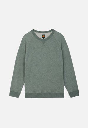 Crewneck Langarm-Sweatshirt in gedämpftem Grün mit gerippten Bündchen und Saum, mit kleinem orangefarbenem Elefantenlogo am Innenkragen.